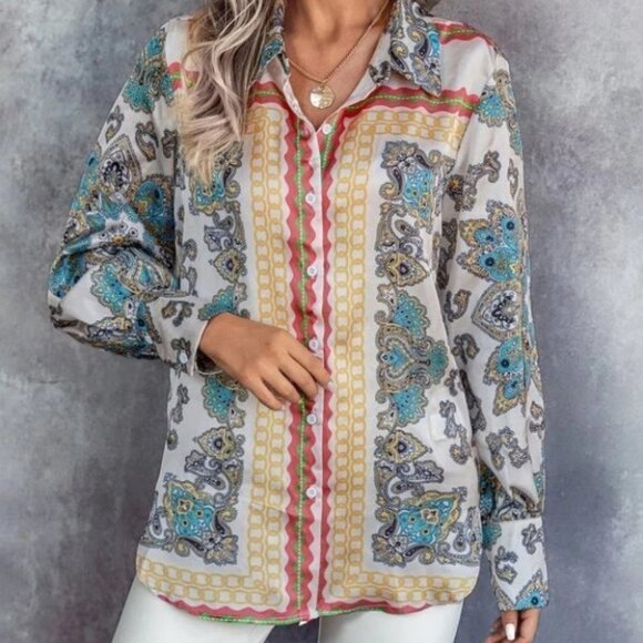 paisley Button down Front long sleeve Shirt Blouse - Picture 3 of 7